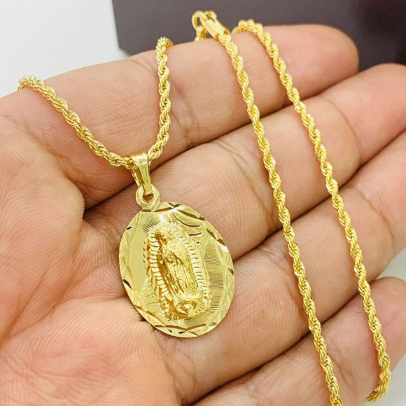 Virgen de Guadalupe Necklace Pendant 20" 26x18 in Gold F for Womens Rope Chain - Picture 1 of 10